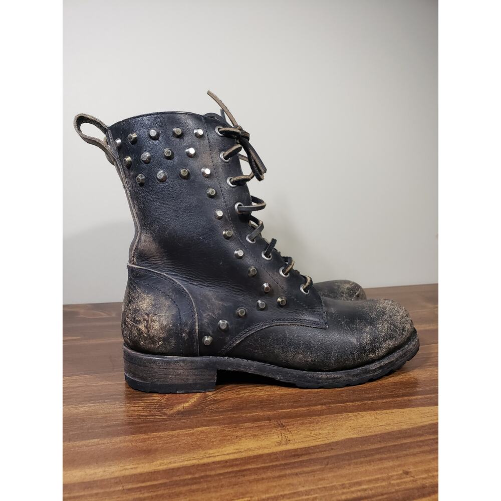 Frye Rogan Studded Distressed Lace up Boots Stonewash Black Womens 7